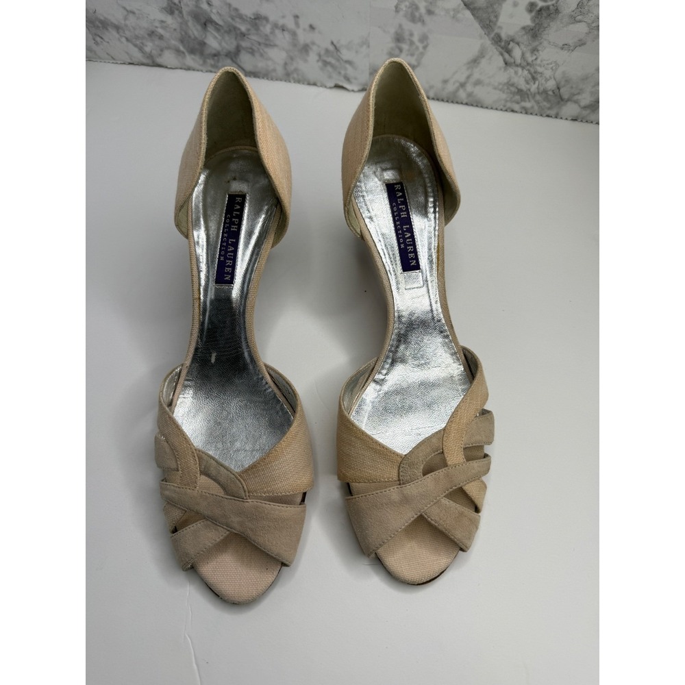 Ralph Lauren Collection Beige Linen Suede Peep Toe d'Orsay Kitten Heels 8.5